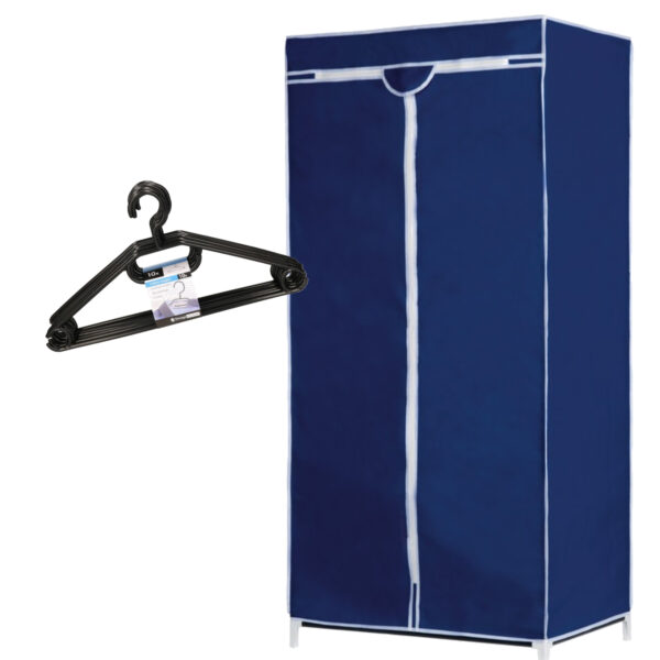 Set van mobiele opvouwbare kledingkast met blauwe hoes 160 cm en 10x plastic kledinghangers zwart